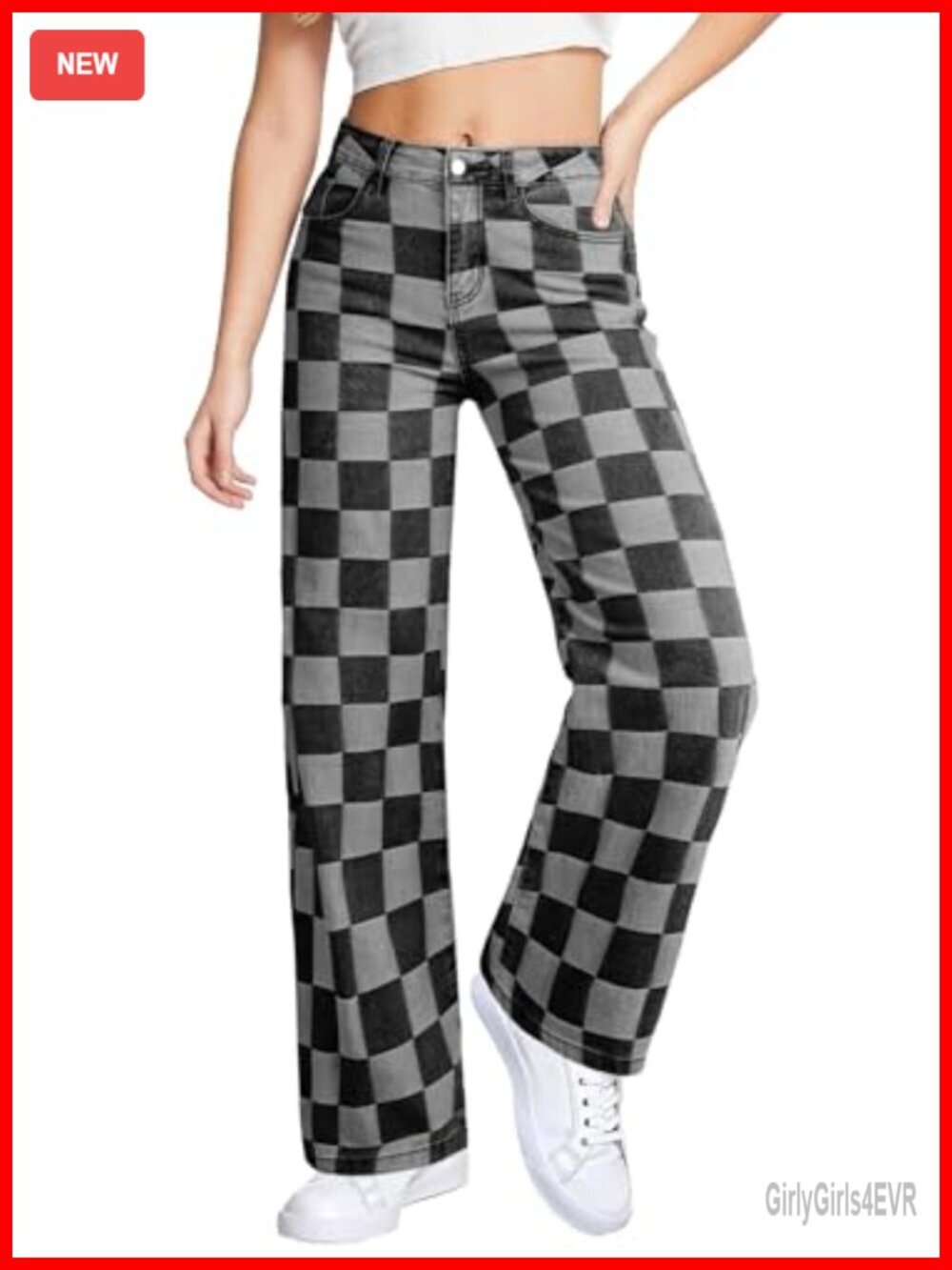 High Waisted Wide Leg Checkered Denim Jeans Stretchy Straight Leg